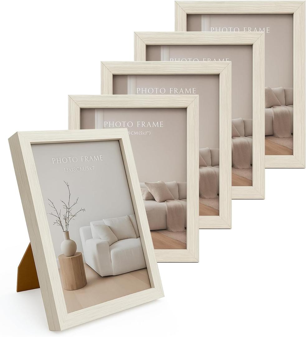 Display 5x7 Picture Frame Set of 5, 5 x 7 Photo Frames with High Definition Real Glass, Horizontal/Vertical Tabletop Display, White 5 Pack