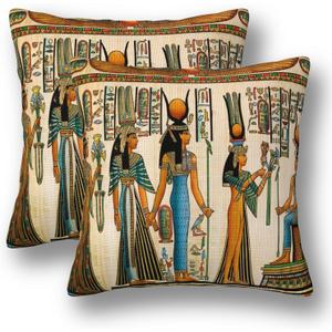 Egyptian Pillow Covers 18 x 18 Set of 2 Vintage Ancient Linen Throw Pillow Cover Queen Nefertari Decorative Pillowcases Farmhouse Home Decor for Couch Bed Sofa Outdoor, Churent-P0327-PC004