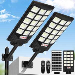 Solar Street Lights Outdoor Waterproof, 25000LM 8500K Motion Sensor Solar Powered Flood Lights with Remote Control, Dusk to Dawn Parking Lot Lights for Outside, Yard, Garden, 2-Pack
