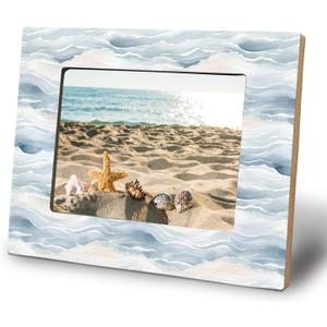 WHCHJ Coastal Blue and White Beach 5x7 Picture Frame, Beach Ocean Lovers Gifts, Nautical Photo Frame, Abstract Watercolor Ocean Waves Wood Frames for Wall or Tabletop Display
