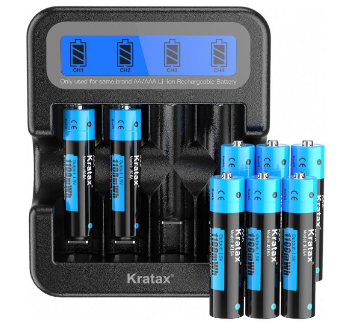 Kratax AAA Rechargeable Lithium Batteries, 12 pack 1.5V 1100mWh Li-ion Triple A Batteries with Intelligent Battery Charger, Constant Voltage Output, 1600 Cycles Long-Lasting for Household and Business
