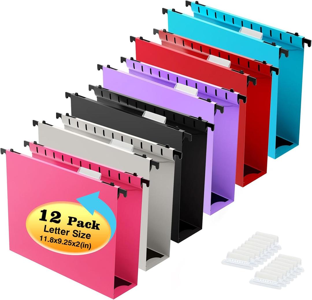 Extra Capacity Plastic Hanging File Folder,12 Pack Reinforced Hang Folders Letter Size,Heavy Duty 2 Inch Expansion,Filing Cabinet Folders,for Bulk Files, Medical Charts,Assorted Colors
