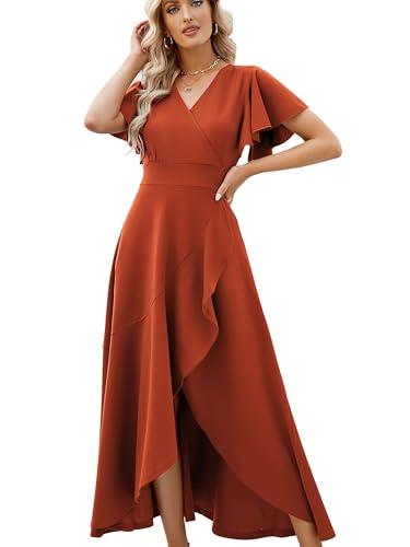 Formal Dresses for Women,Gowns Evening Party Cocktail Dress,Long Split Elegant V Neck Wrap Ruffle Wedding Guest A-line Dresses Brick Red-L