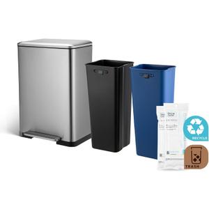 Home Zone Living 13 Gallon Kitchen Trash Can with Dual Compartments for Recycling, Stainless Steel, Silver, 50 Liters Total