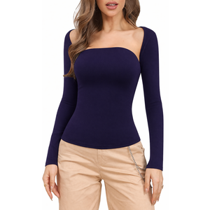 Women's Sexy Tube Top Y2K 2 Piece Long Sleeve Casual Solid Two-Piece Tops Set Going Out Fashion T-Shirt Tank Tops, Size S