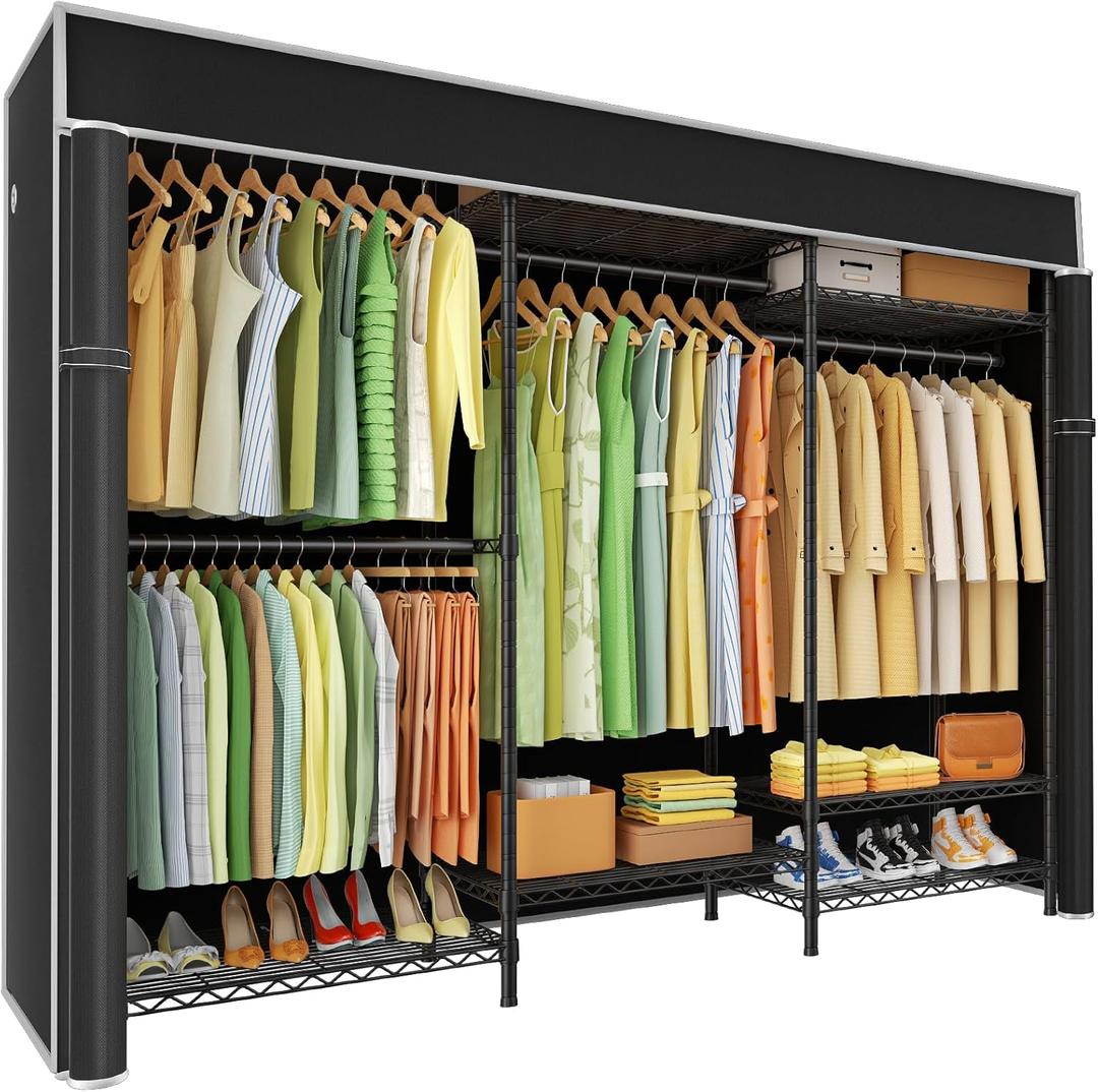 Ulif E13C Heavy Duty Closet Organizer SystemFreestanding Clothing Racks for Hanging ClothesAdjustable Garment Rack 63" W x 16" D x 77" H Hold 960 lbsBlack Clothing Rack with Black Dustproof Cover