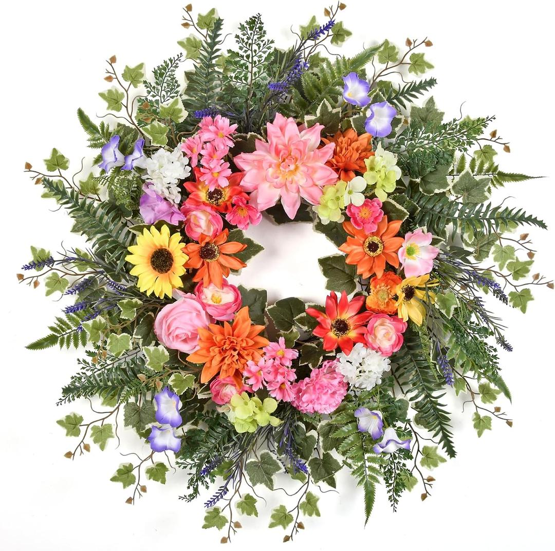 Spring Wreaths for Front Door Outside 24-26in Spring Summer Wreath with Peony Rose Sunflower, Daffodil 22 Kinds Greenery, Indoor Outdoor Vibrant Hanging Season Decor for Wall Porch