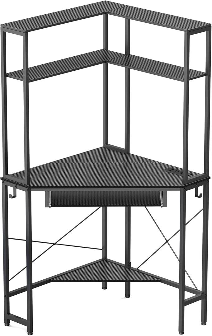 Corner Desk with Hutch and LED Lights, Corner Computer Desk with Keyboard Tray and Monitor Stand, Small Computer Desk for Small Spaces, Home OfficeCarbon Black