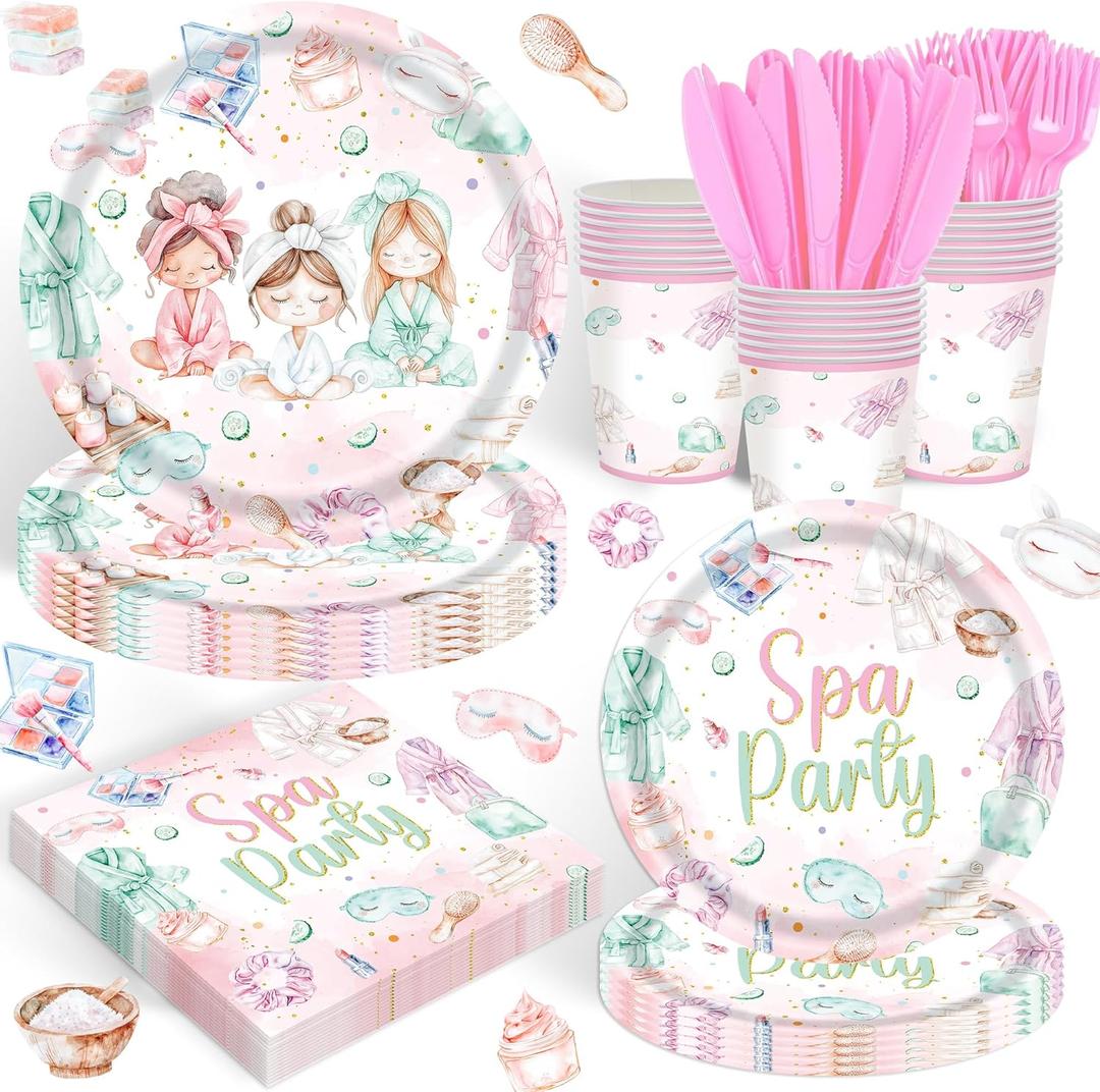 120PCS Spa Party Supplies Pink Makeup Themed Birthday Party Decorations for Girls Child Kids Slumber Sleepover Pajama Tableware Set Plates Napkins Cups Forks Knives for 20 Guests