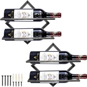 AUHOKY 2Pcs Metal Wall Mounted Wine Holder Stemware Glass Rack, Collapsible Hanging Red Wine Racks Organizer with 2 Liquor Bottles, Wine Bottle Display Hanger for Home Kitchen Bar Decor (Silver Bb)