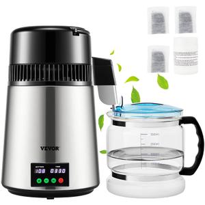 VEVOR 1.1 Gal Water Distiller, 0.3 Gal/H, Distilled Water Maker Machine 750W 0-99H Timing Set Temp Display, 304 Stainless Steel Countertop Distiller Glass Carafe Cleaning Powder 3 Carbon Packs, Silver