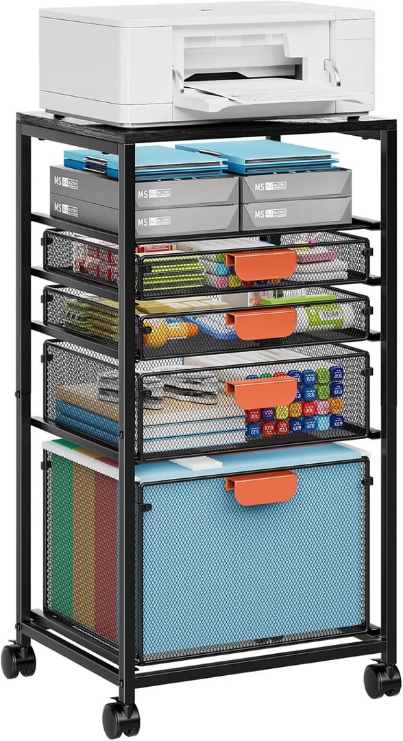 Marbrasse Rolling File Cart with 4 Storage Drawers, Mobile File Cabinet on Lockable Wheels, Hanging Filing Cabinet Organize, Under Desk Utility Cart for Home Office