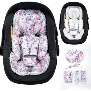Infant Car Seat Insert with Extra Headrest, Adjustable Carseat Head Support for Preemie to Toddler, 2 in 1 Breathable Air Mesh Car Seat Insert for Newborn, Mink Dot Baby Car Seat Cushion for Stroller (Flora)