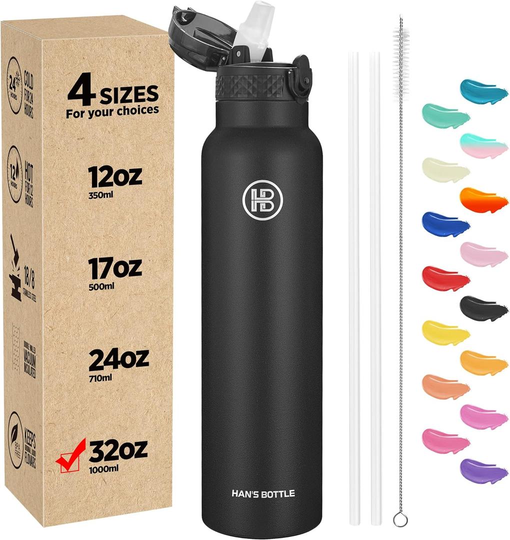 Han's Bottle Sports Water Bottle - 32 Oz, Straw Lid, Leak Proof, Vacuum Insulated Stainless Steel, Double Walled, Thermo Mug,Black