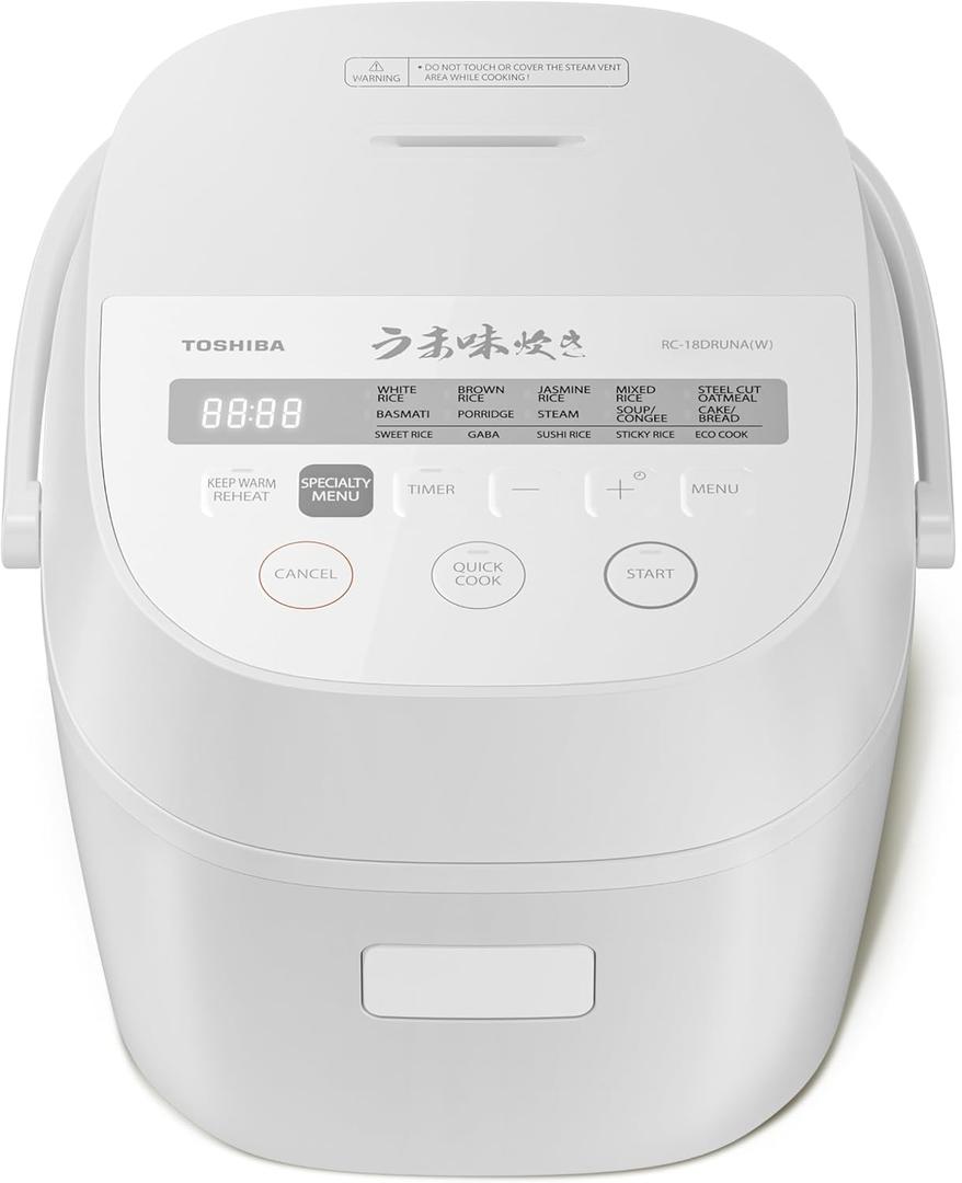 TOSHIBA OriginTaste Rice Cooker 10-Cup Uncooked, Fuzzy Logic, 15-in-1 Functions, Digital Display, Delay Timer, Keep Warm, Nonstick Inner Pot, White