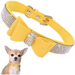 Rhinestone Dog Collar with Bow Tie, Cute Knot Crystal Bling Diamond Glitter Puppy Collars for Small Pet Girls Dogs Female Cats, Yellow Small