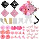 Dunzoom 40 Pcs DIY Graduation Cap Decorations Kit Artificial Flowers Inspirational Cardstock 3D Butterfly Stickers Ribbon Bow Rhinestone Stickers for Grad Cap Topper Graduation Party(Pink)