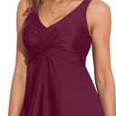 ANFILIA Womens Tankini Top Twist V Neck Bathing Suit Top Flowy Padded Swimsuit Top Swim Tank Top Only (Large, Purplish Red)