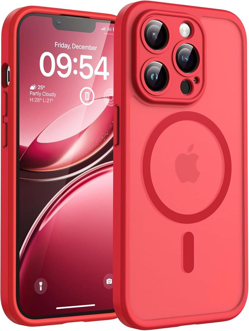 TOCOL Magnetic for iPhone 13 Pro Max Case, Upgraded Full Camera Protection, Compatible with Magsafe, Drop Protection, Translucent Matte Back for iPhone 13 Pro Max 6.7 inch (Red)