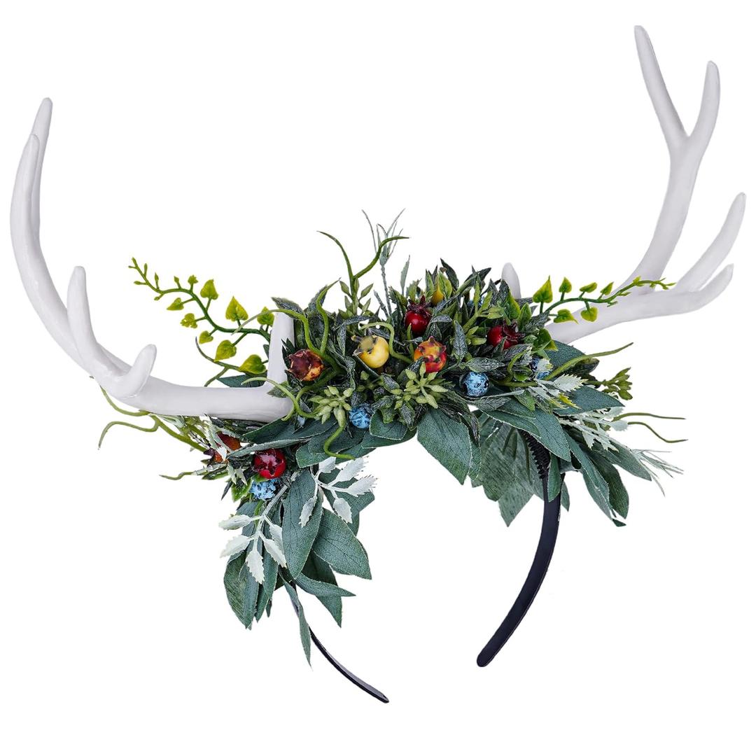 MOSTORY Handmade White Antler Headband with Green Leaves - Woodland Deer Horns Hairband Forest Reindeer Headpiece with Fruits for Women Girls Renaissance Hallowen Cosplay Photo Shoot