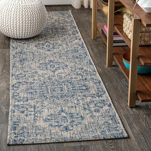 JONATHAN Y Boho Medallion Indoor Outdoor Runner Rug 2X10 Navy/Gray, Estrella Textured Weave for Backyard, Patio, Porch, Easy-Cleaning, High Traffic, Pet-Friendly, Non-Shedding (SMB105B-210)