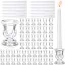 144 Pcs Glass Candlestick Holders Bulk Taper Candle Holders Decor 2.5 Inch with Long Tapered Candles for Table Centerpiece Wedding Holiday Party Decoration