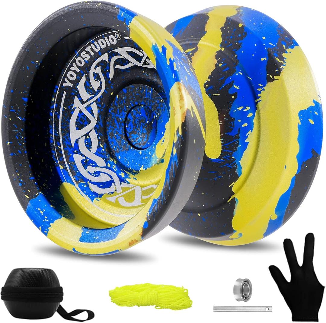 F25 Finger Spin Yoyo Professional Responsive Yoyo for Kids 8-12, Professional Yo Yo for Adults with Unrsponsive Yoyos Accessory Kit, 10 Yo-Yo Strings, Case & Glove - Black Blue Yellow