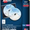 Avery Printable Full-Face CD Labels, Glossy White, Permanent Adhesive, Laser/Inkjet Printable, 20 Disc & 40 Spine Labels, Ideal for CDs, DVDs, PC Discs, Media Projects & More (8944) (One Size)