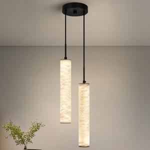 LMQNINE Natural Alabaster Pendant Lights for Kitchen Island White Marble Long Tube Chandelier 4000K Modern Black Ceiling Light Fixtures for Bedroom Dining Room Table Living Room Hallway(M-2Light)