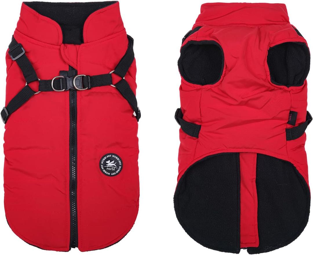 Norbi Dog Winter Jacket with Built-in Harness, Waterproof Windproof Cold Weather Coat for Small Medium Large Dogs, Warm Puffer Vest for Small Dogs Like Chihuahua, Dachshund, Yorkie(Red, M)