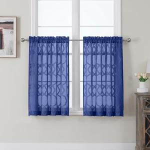 OWENIE Sheer Dusty Blue Curtains 36 Inch Length 2 Panels Set, Short Tier Curtains for Small Window, Light Filtering Geometric Jacquard Textured Semi Sheer Curtains for Kitchen Bathroom, 42x36 inch