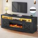 YITAHOME Farmhouse TV Stand with Fireplace for 75/80 Inch TVs, Entertainment Center with LED Lights for Living Room, 36" Electric Fireplace, Media Console with Barn Door Cabinet, Black