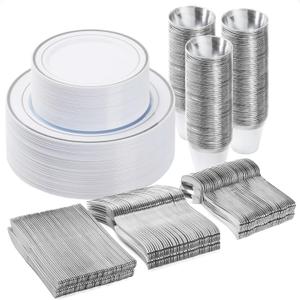 300PCS Plastic Dinnerware Set (50 Guests), Silver Disposable Plates for Party, Wedding, Anniversary, Includes: Dinner Plates, Dessert Plates, Cups, Spoons, Forks and Knives