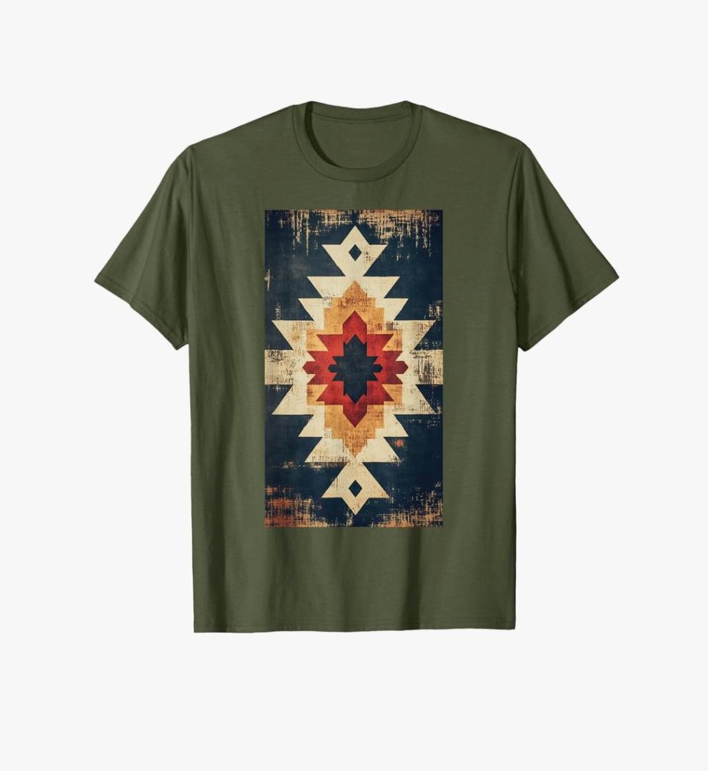 Port Company Retro Geometric Native Vintage Bohemian Ethnic T-Shirt Olive Green L