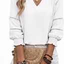 Dokotoo Womens 3/4 Sleeve Tops Pleated Business Casual Outifits V Neck Blouses Office Loose Shirts (X-Large, White)