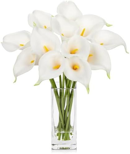 DILATATA Fake Flowers in Vase 12“ Artificial Calla Lily Pure-White Flowers Arrangement with Vase and Faux Water for Home Decor Dining Table