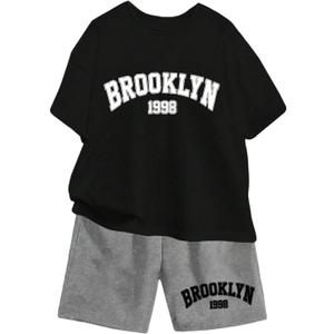Boy's 2 Piece Preppy Summer Outfits Graphic Tees and Track Shorts Set Casual Clothing Sets (Black)