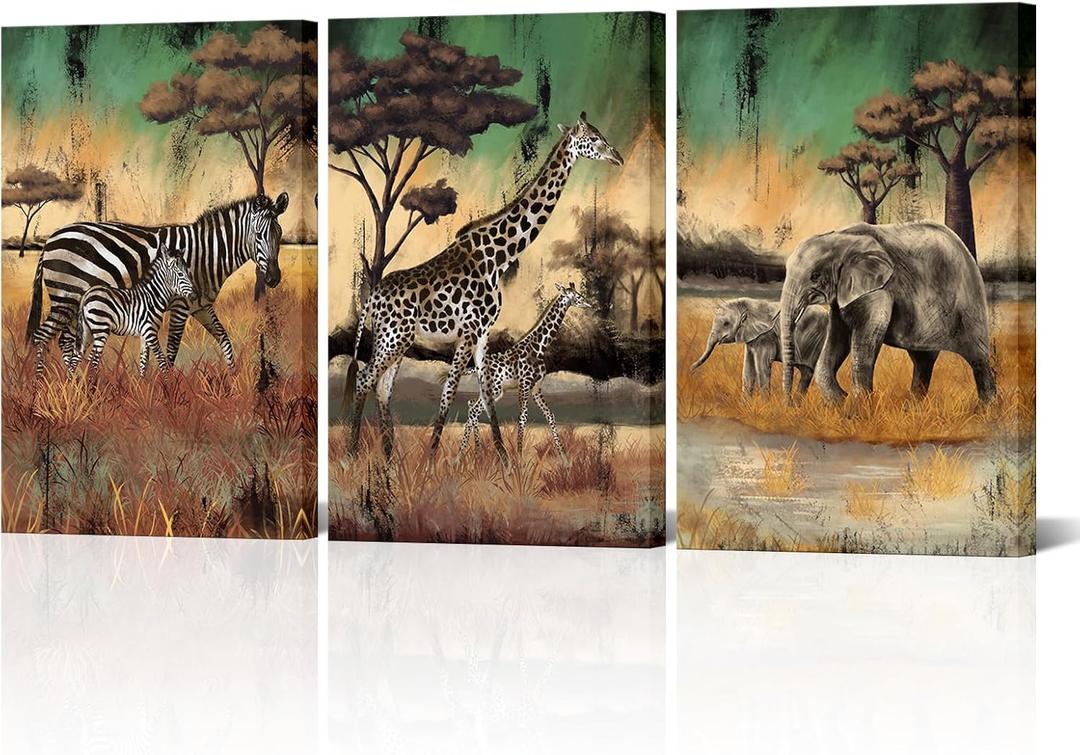 NutArtPic 3 Pieces Safari Animals Canvas Wall Art African Wildlife Prints Fall Animals Family Mom And Baby Pictures Wild Elephant Giraffe Zebra Artwork For Home Office Decor 24"X16" (Medium)
