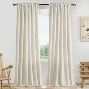 Natural Linen Boho Curtains 54 Inch Length Semi Sheer Bohemian Window Drapes for Living Room Bedroom Light Filtering Farmhouse Neutral Curtain Panels, Rod Pocket,Sets of 2
