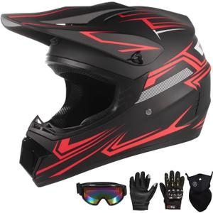 Youth Motocross Kids Dirt Bike Helmets ATV Bump Safty Full Face Motorcycle Helmet Off-Road Mountain Bike Helmet with Goggles Gloves Mask DOT Approved (Red, Medium)