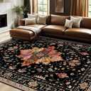 Area Rugs 8'x10' Washable Non-Slip, Floral Vintage Distress Print Pattern Medallion Carpet for Living Room Bedroom Dining Room, Black Colorful Floral Dark Tan