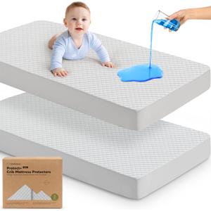 Waterproof Crib Mattress Protector Cover Fitted - 2-Pack Quiet Baby Crib Mattress Pad Sheets, 52" x 28" Soft Quilted Cotton Baby Sheet, Machine Washable, Easy Fit, Durable (Pearl Gray/Quin)