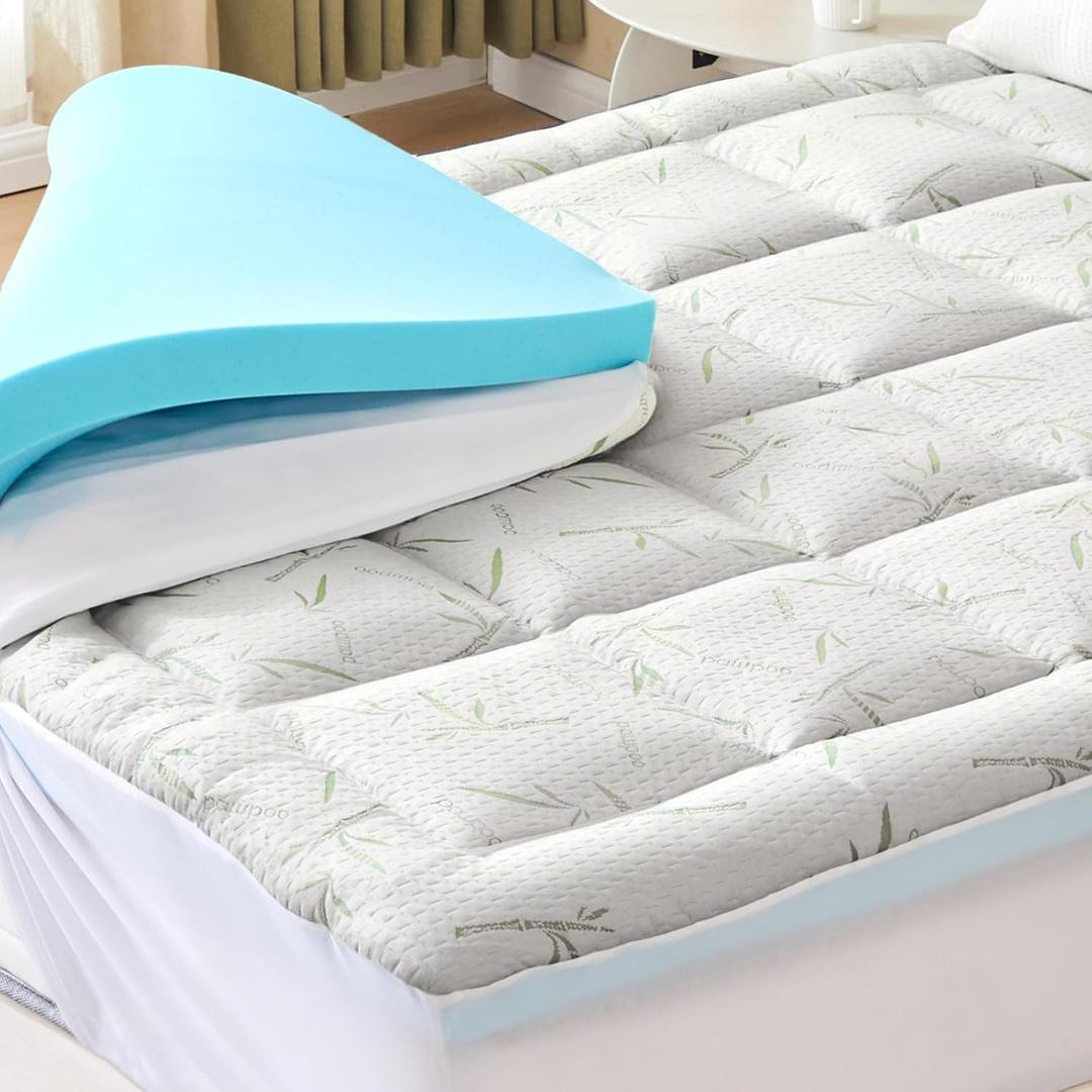 DUMOS Dual Layer Mattress Topper King Size, 2 Inch Gel Memory Foam + 1 Inch Soft Pillow Top Mattress Pad Cover for Back Pain, Breathable & Cooling Pad with Elastic Deep Pocket