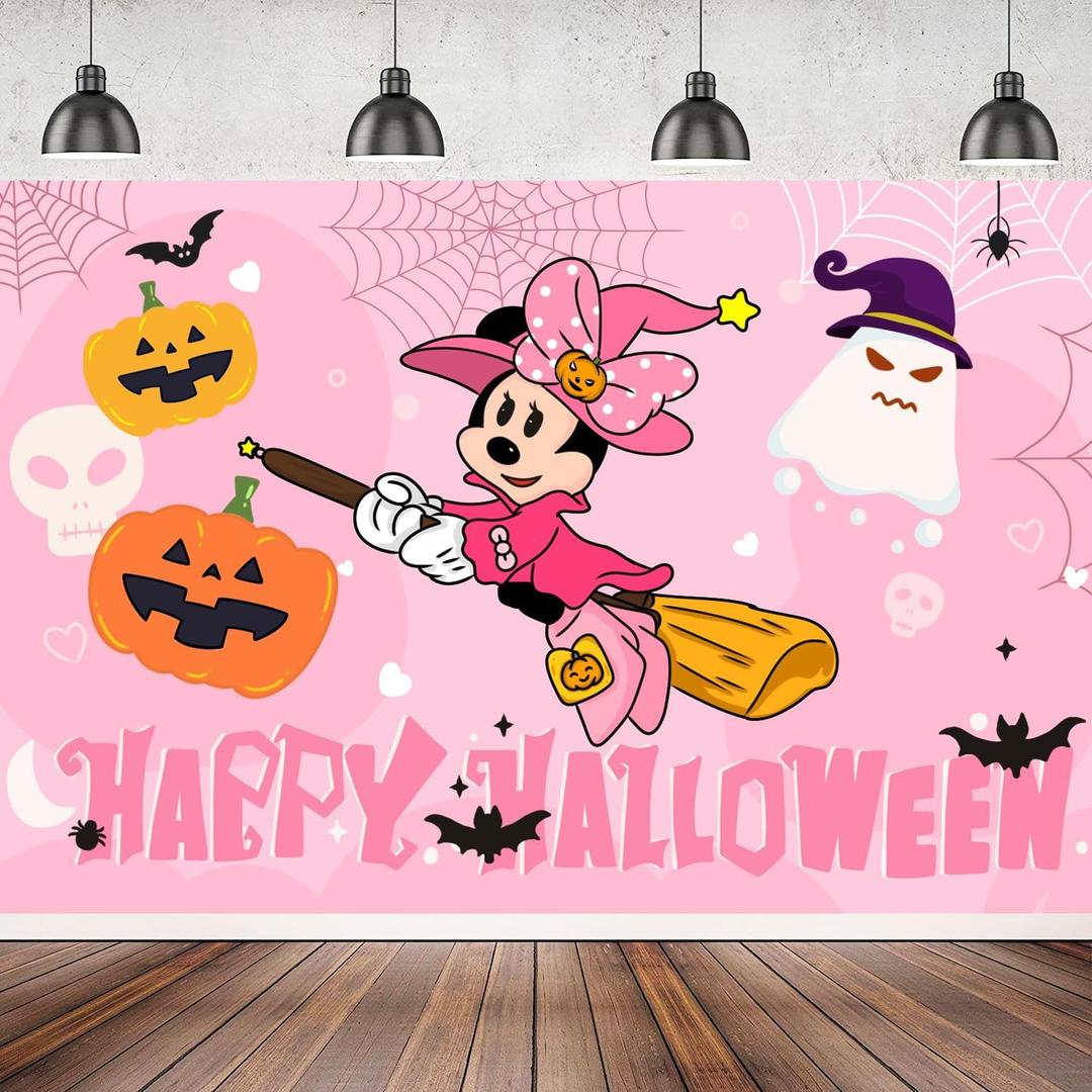 2 x Halloween Decorations Banner, 5x3Ft Cartoon Mouse Theme Happy Halloween Backdrop with Bat, Spider And Pumpkin for Party Decorations Indoor Outdoor