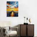 Canvas Wall Art Framed Seagull Beach Pier Sunset Coastal Ocean Vibrant Colorful Impressionist Nautical Seascape Wall Decor for Living Room Office Beach House Tropical Calm Relaxing Decor 16x24 Inches