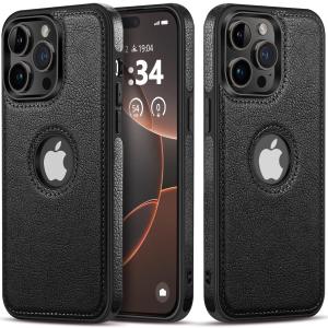 Unique Design Luxury Leather Business Phone Case for iPhone 15 Pro Anti-Slip Scratch Resistant Ultra Slim Protective Case (2023,6.1) (Black)