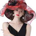 ORIDOOR Women Organza Fascinator Church Derby Hat Floral Tea Party Wedding Hat (Red)