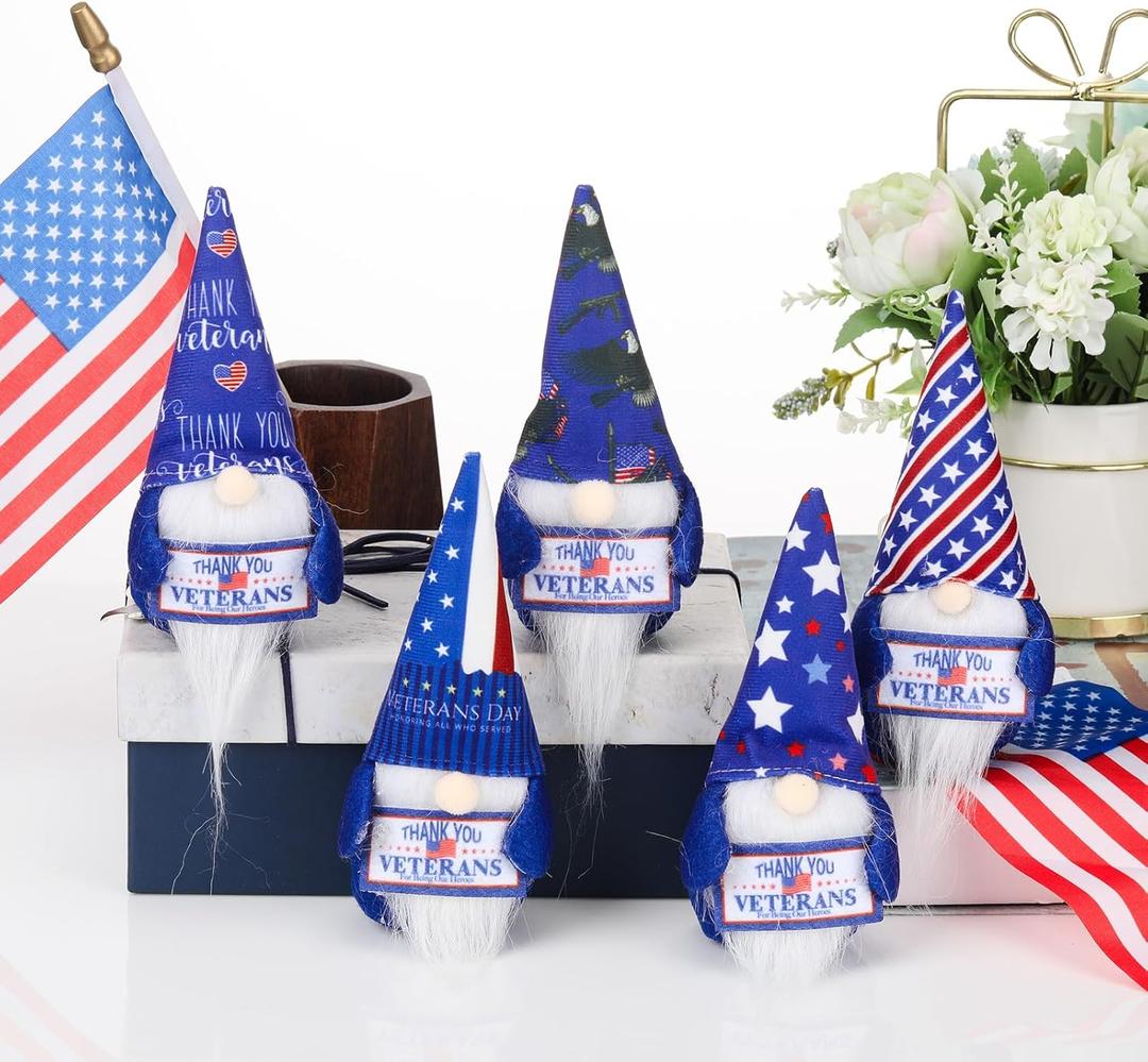 2 x Jenaai 5 Pcs Veterans Day Gifts Patriotic Gnomes Ornaments with Appreciation Cards Christmas Holiday Gnomes Plush Tray Table Decor for Patriotic Party Favor Home Office Desk