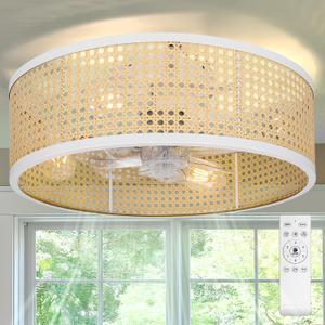 20" Rattan Caged Ceiling Fan with Light & Remote Control, Flush Mount Boho Style Fandelier, Drum Shade, Bladeless/6 Speed/Timer/Quiet DC Motor/Low Profile, for Bedroom Living Room Kitchen