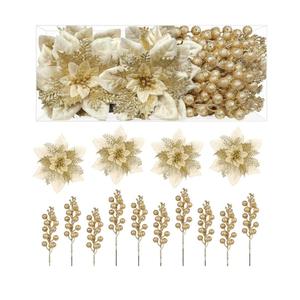 Gold Christmas Tree Picks with Poinsettias and Glitter Holly Berries